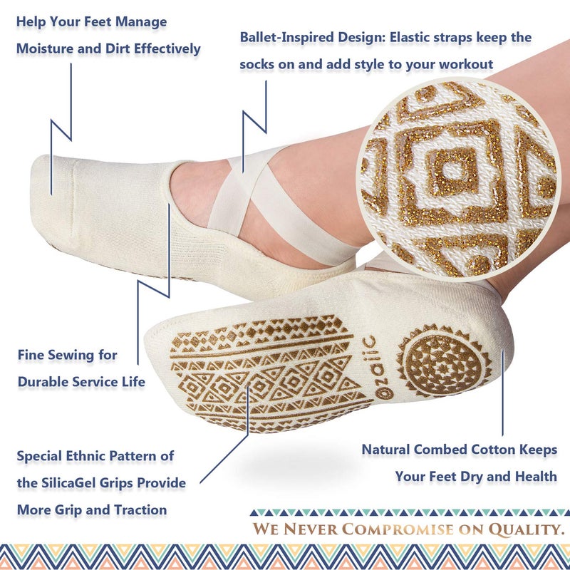 Ozaiic Pilates Socks for Women Non Slip Grip, Yoga Socks with Grippers for Barre, Hospital, Ballet, Dance, Barefoot Workout (2 Pairs- Black/Beigeï¼ˆ1st Anniversary editionï¼‰, one_size) - Image 3